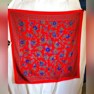 Vintage Red Blue Floral Scarf Shawl Stole Tablecloth